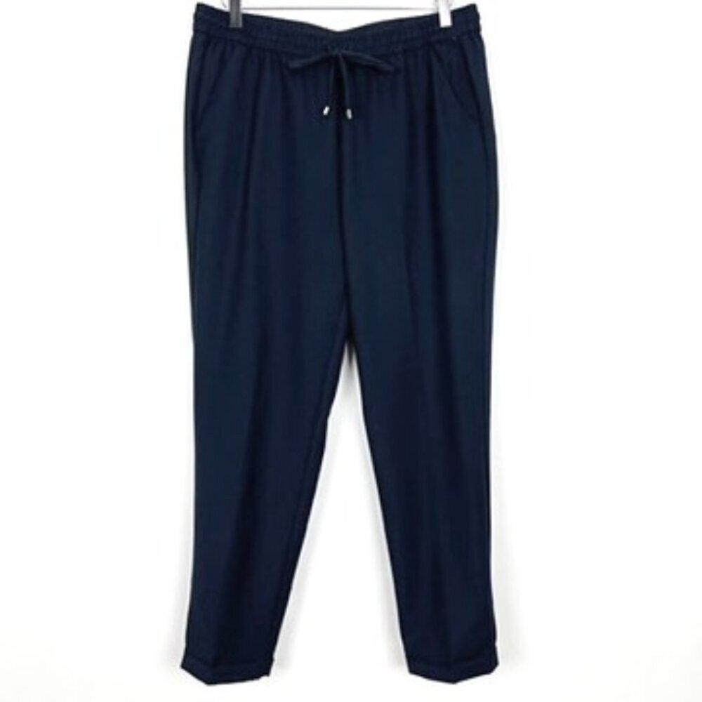 Roz & Ali Drawstring Pants Women's Size 12 Navy Blue Cuffed Tapered Leg Trousers